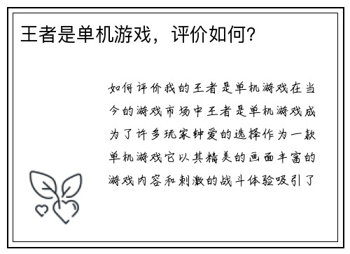 王者是单机游戏，评价如何？
