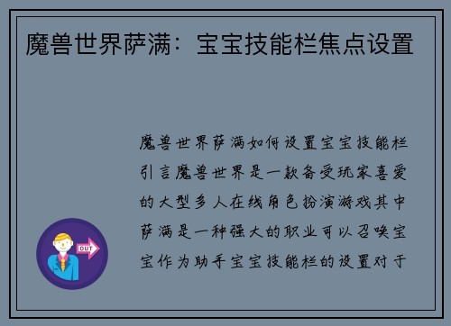 魔兽世界萨满：宝宝技能栏焦点设置