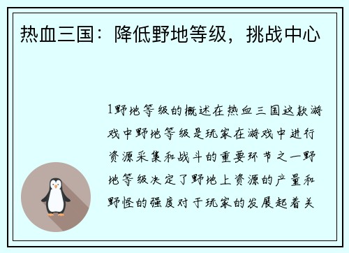 热血三国：降低野地等级，挑战中心